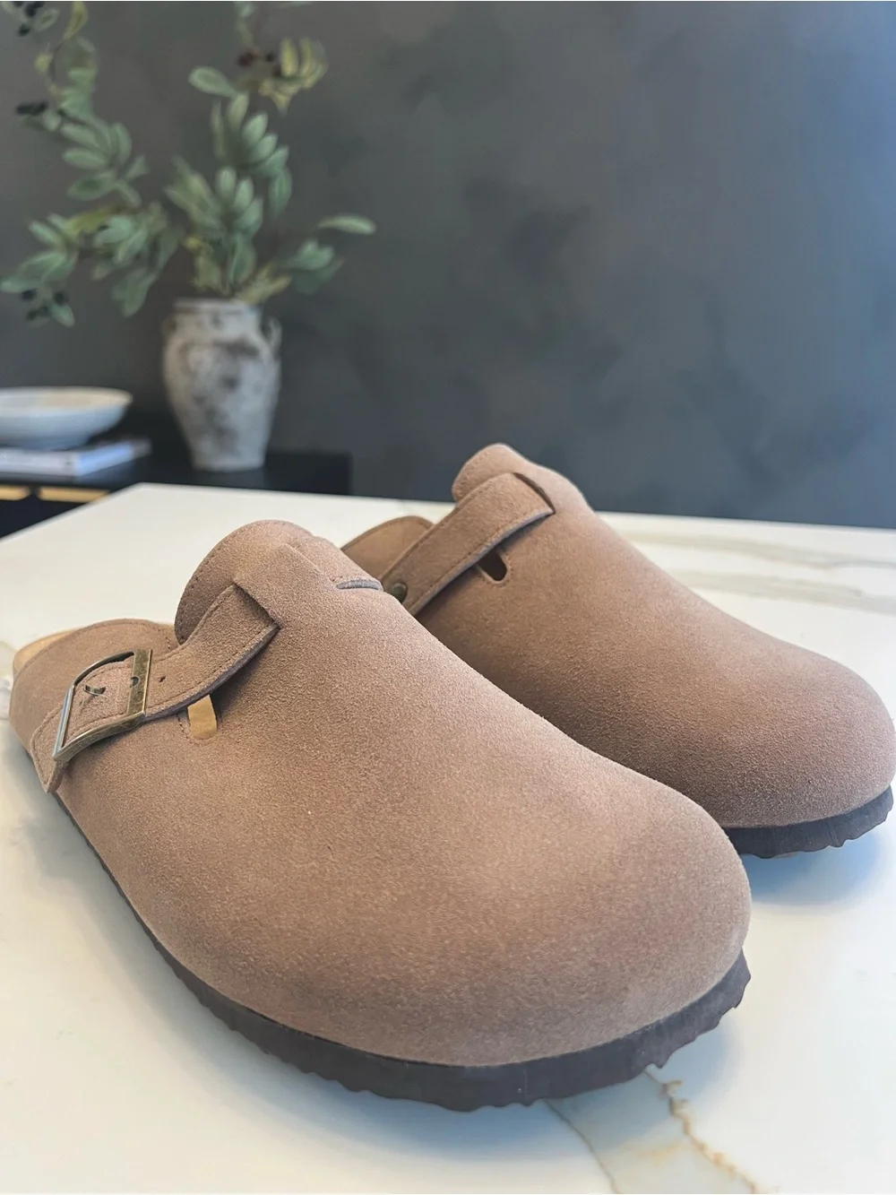 Khombu Taupe Suede Slip-On Buckle Mule